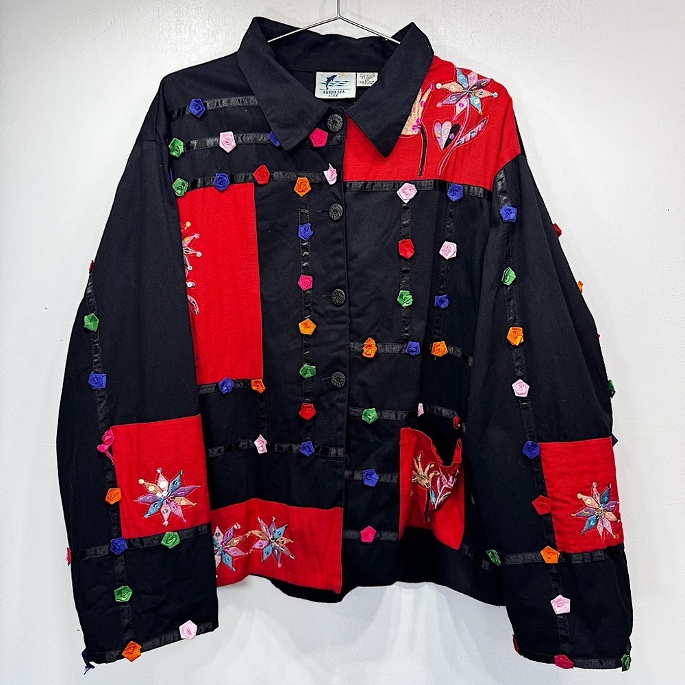 Vintage Statement Jacket Colorful Patchwork Ribbon Rosettes Sequins Embroidery